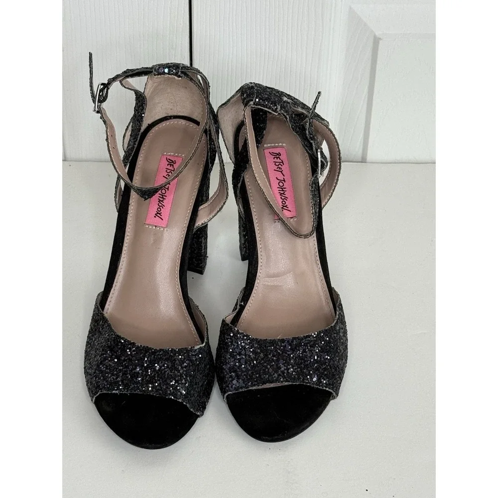 Betsey Johnson Glissten Black Glitter Heels Peep Toe Adjustable Ankle Strap Sz 9 - Picture 3 of 15